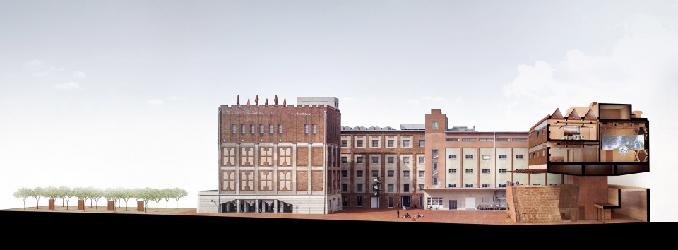 Public spaces longitudinal section gampa and sfera with public spaces of automatic mills