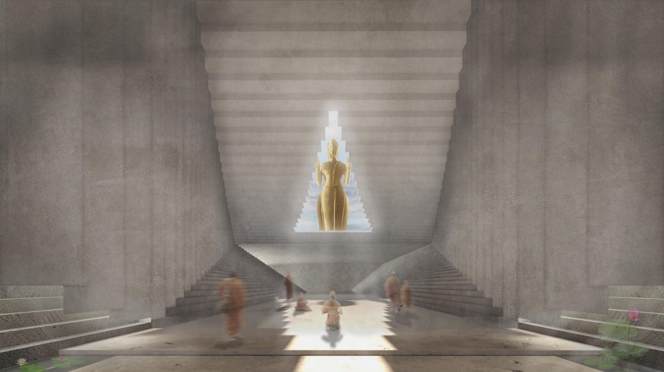 Triangular skylights frame the Buddha s eyes guiding worshippers toward enlightenment ©Jenchieh Hung Kulthida Songkittipakdee