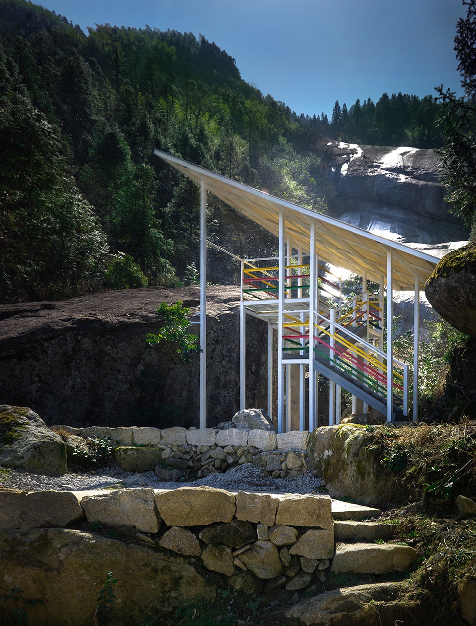 linear steel pavilion group in baishuidong by youtian architects