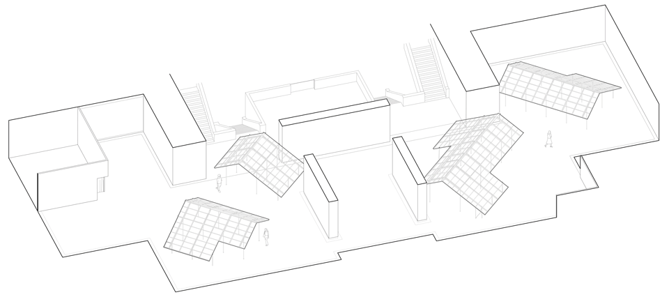 a settlement with sloping roofs exhibition design by atelier waterside