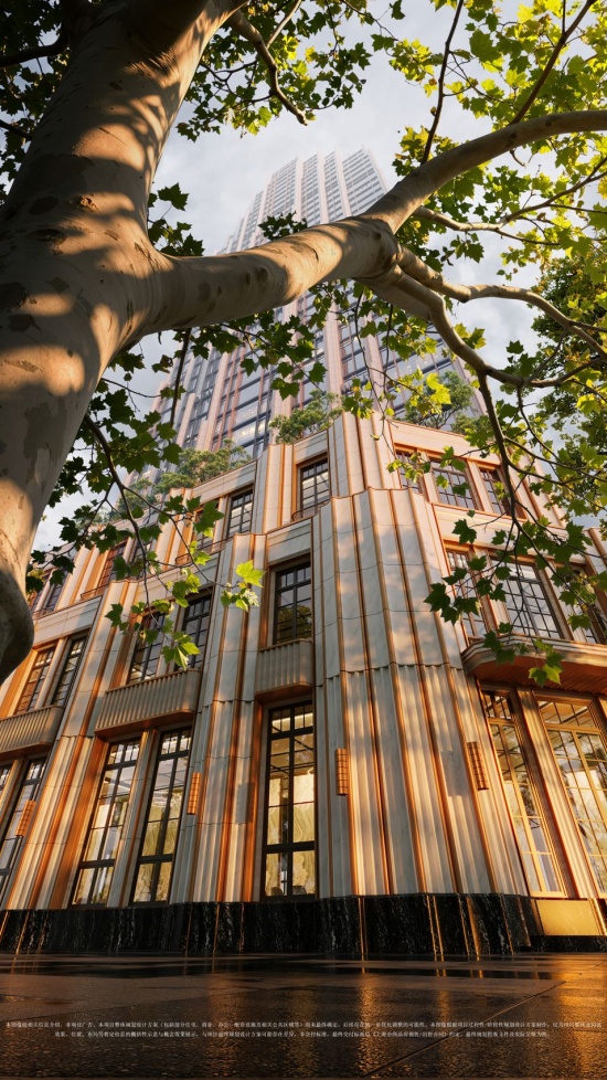 梧桐树影与建筑立面交叠,回应上海街道尺度与光影变化中的城市气质 / Plane-tree shadows overlap the façade, echoing the character of Shanghai's streets and their changing light