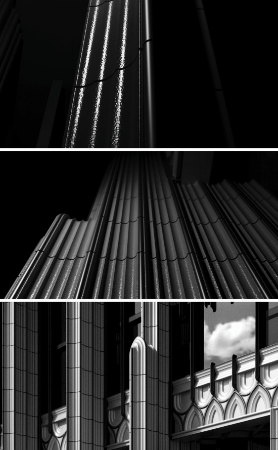 陶板立面在不同角度与光线下呈现出的肌理、反射与竖向节奏 / Textures, reflections and vertical rhythms of the terracotta façade under different light and viewing angles