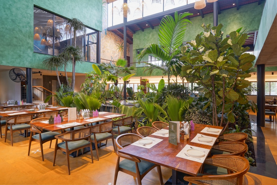 中庭内的大树与餐区 / Tree and dining area in the atrium