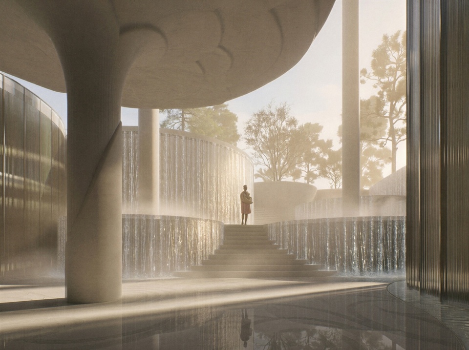 架空层下的水景庭院 / the water courtyard beneath the lifted volume