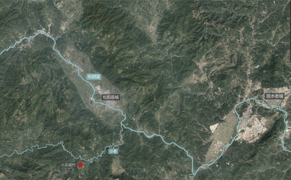 小后畬村区位,松阳县城,松古盆地,山脉及本地主要水系图 / Location of Xiaohoushe, Songyang county town, the Songgu Basin, mountains and principal waterways