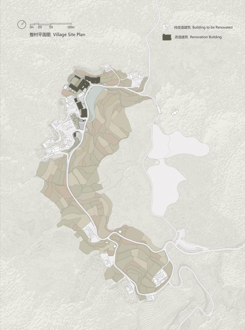 小后畬村村落整体平面图及一期启动更新部分建筑坐落位置 / Village master plan and locations of the first-phase buildings