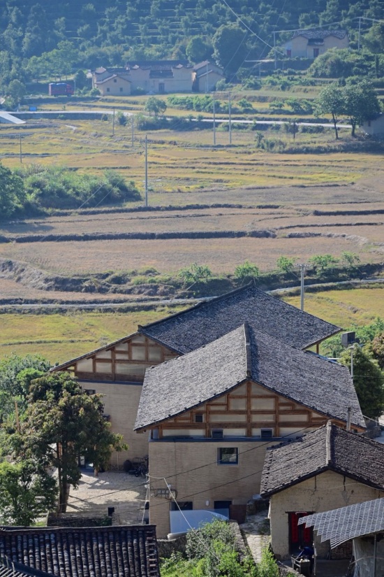 从山坡上俯瞰近处的25号楼与24号楼的屋面,中景的梯田,远景的老屋 / Roofs of Buildings 25 and 24 in the foreground, terraces in the middle distance and old houses beyond