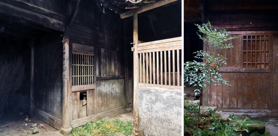 老屋的内部天井也有类似四水归堂的做法,天光和雨水都可以进入,内部的木隔墙和格栅门窗,相对夯土外墙,更轻质透气,通透开放 / The old internal courtyard admits daylight and rain; timber partitions and lattice doors and windows are lighter and more open than the earthen exterior walls