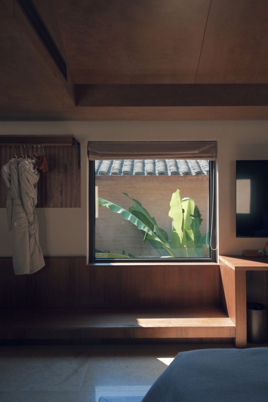 芭蕉从天井中向上生长,与阳光一起闯入二层客房的窗景 / Banana plants rise through the courtyard, joining sunlight in a second-floor window view