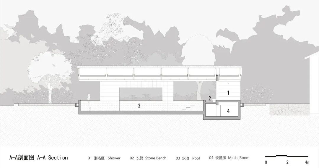 水池景观亭A-A剖面图 / Pool pavilion section A–A