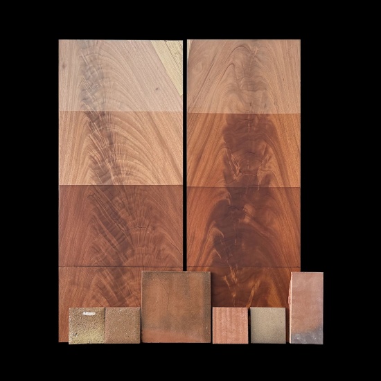 陶砖与两种木材经四种表面处理后的成品板材搭配比选 / Pairing studies of terracotta tiles and finished wood panels with four surface treatments across two wood species