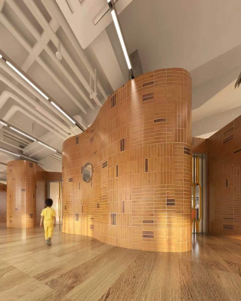 暖色瓷砖曲面墙效果图 / rendering of the terracotta tiled curved wall
