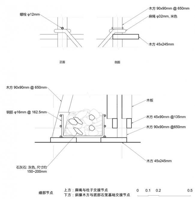 麻绳与木柱、斜撑及底部石笼节点 / Rope-to-post, bracing and base gabion details