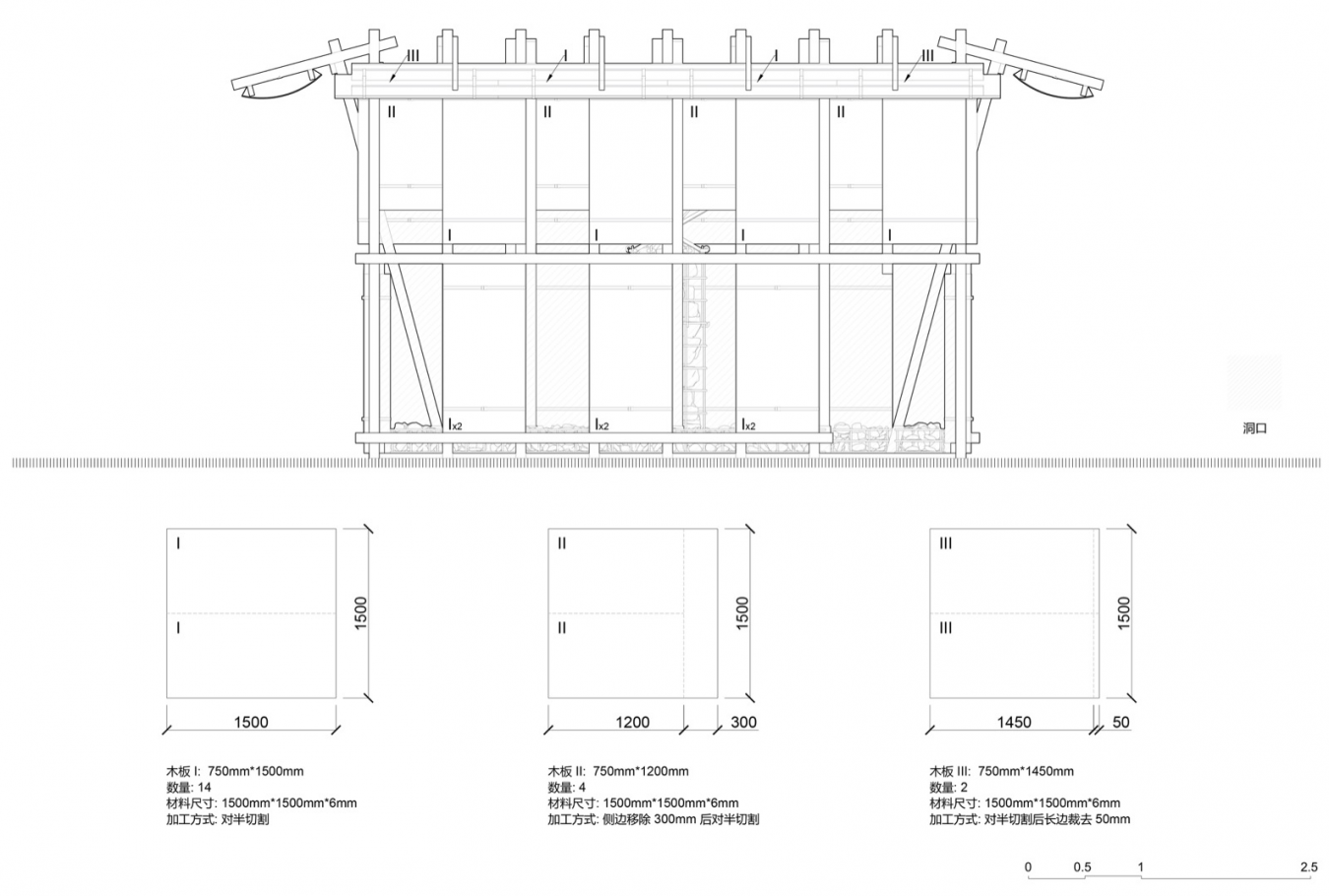 西立面与胶合板构件尺寸 / West elevation and plywood panel dimensions