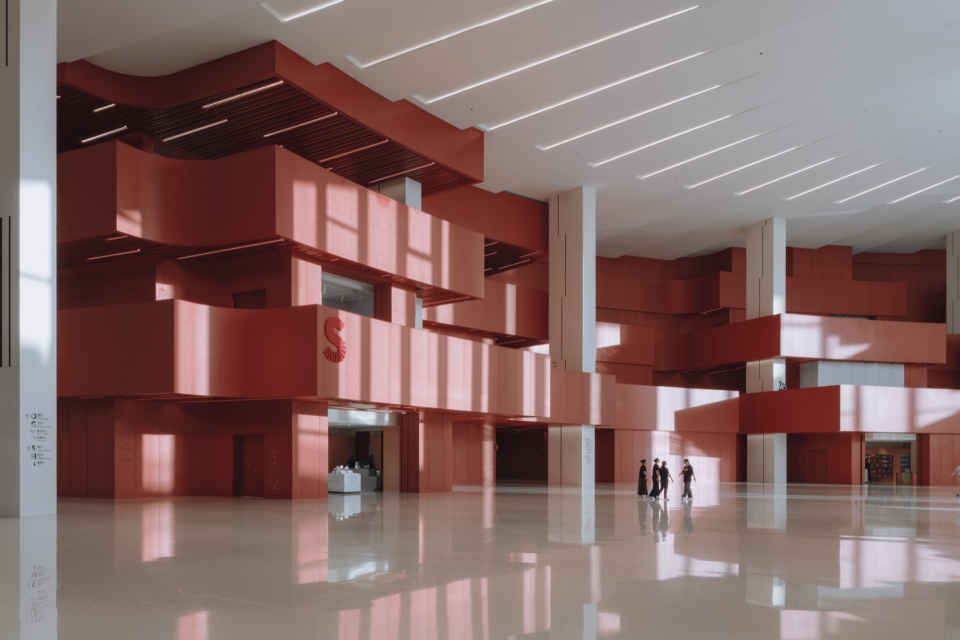 大厅内的暗红色体量,Dark red volumes in the lobby