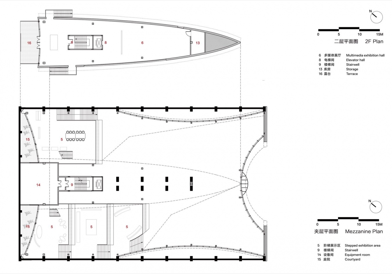 夹层及二层平面图 / Mezzanine and second-floor plans