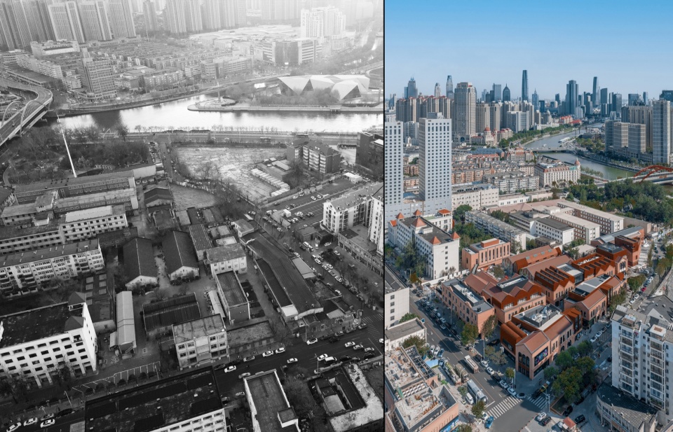 核心区鸟瞰改造前后对比 / Aerial views of the core area before and after renovation