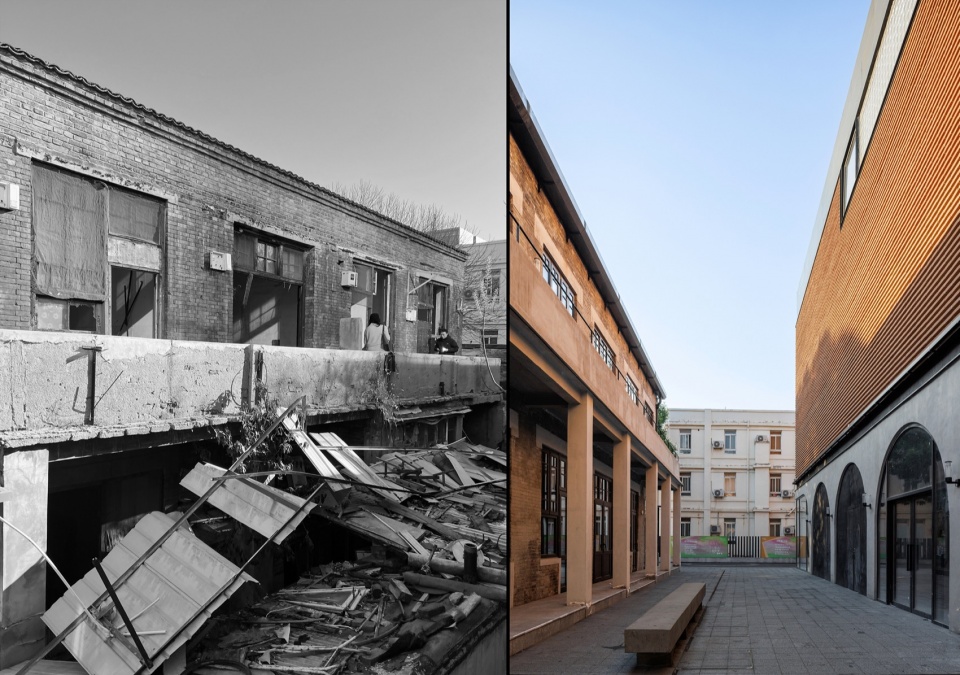 K2栋与K1栋中间的通道改造前后对比 / Passage between Buildings K2 and K1, before and after renovation