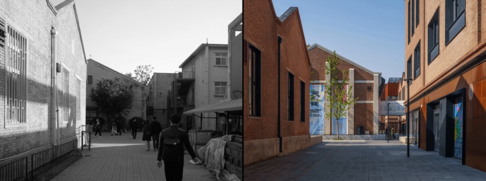 I栋和E栋中间过道看H栋改造前后对比 / View toward Building H from the passage between Buildings I and E, before and after renovation