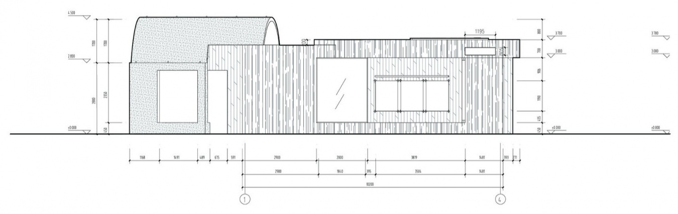1号C盒子1—4轴立面图,Box 1C elevation along axes 1–4