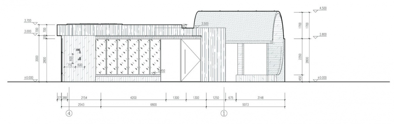 1号C盒子4—1轴立面图,Box 1C elevation along axes 4–1