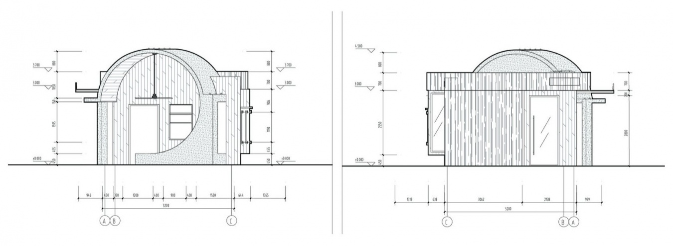1号C盒子A—C及C—A轴立面图,Box 1C elevations along axes A–C and C–A