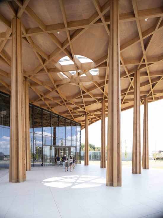 入口门廊的木构顶棚与天窗 / the timber canopy and skylight at the entrance porch