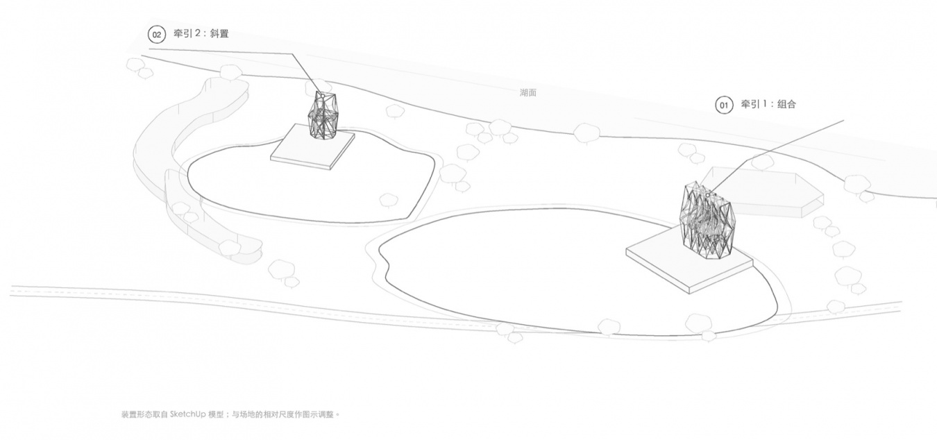 两件装置的场地透视线稿 / The two installations, site perspective drawing
