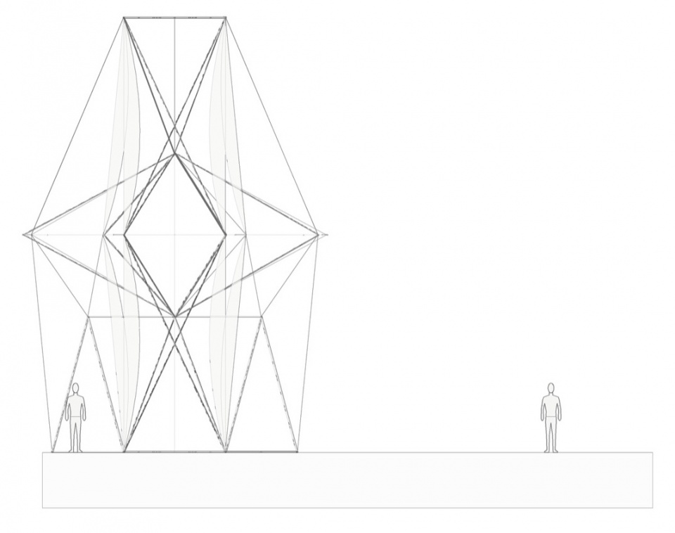 组合装置侧视线稿与人物尺度 / Assembly, side elevation with scale figures