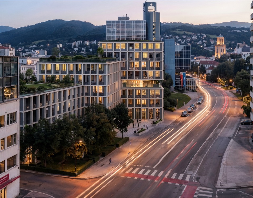 从Wildbergstraße望向园区的暮景效果图 / Southeast view from Wildbergstraße at dusk, visualization