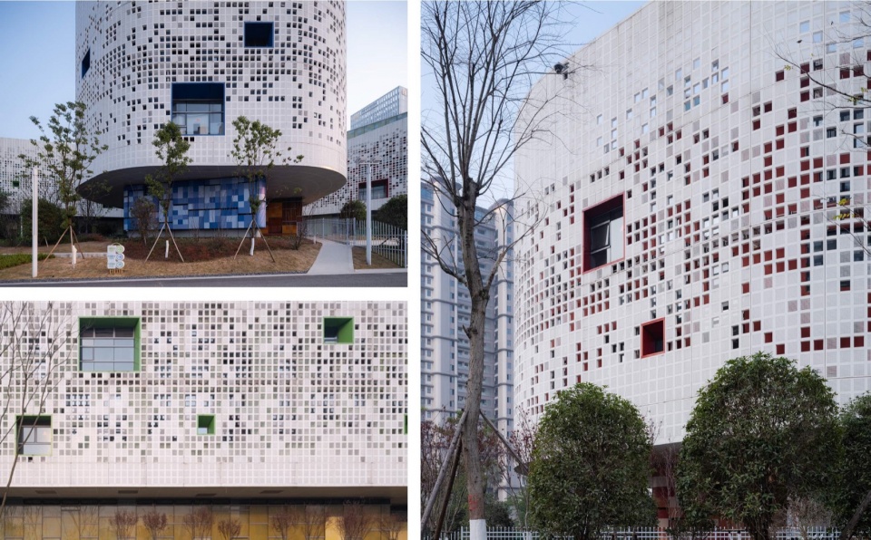 方格立面与彩色开口 / Gridded facade and colored openings
